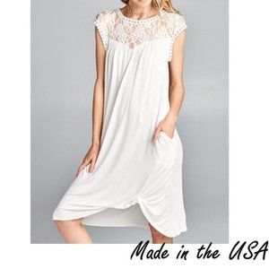 Products White Jersey Dress with Lace Neckline